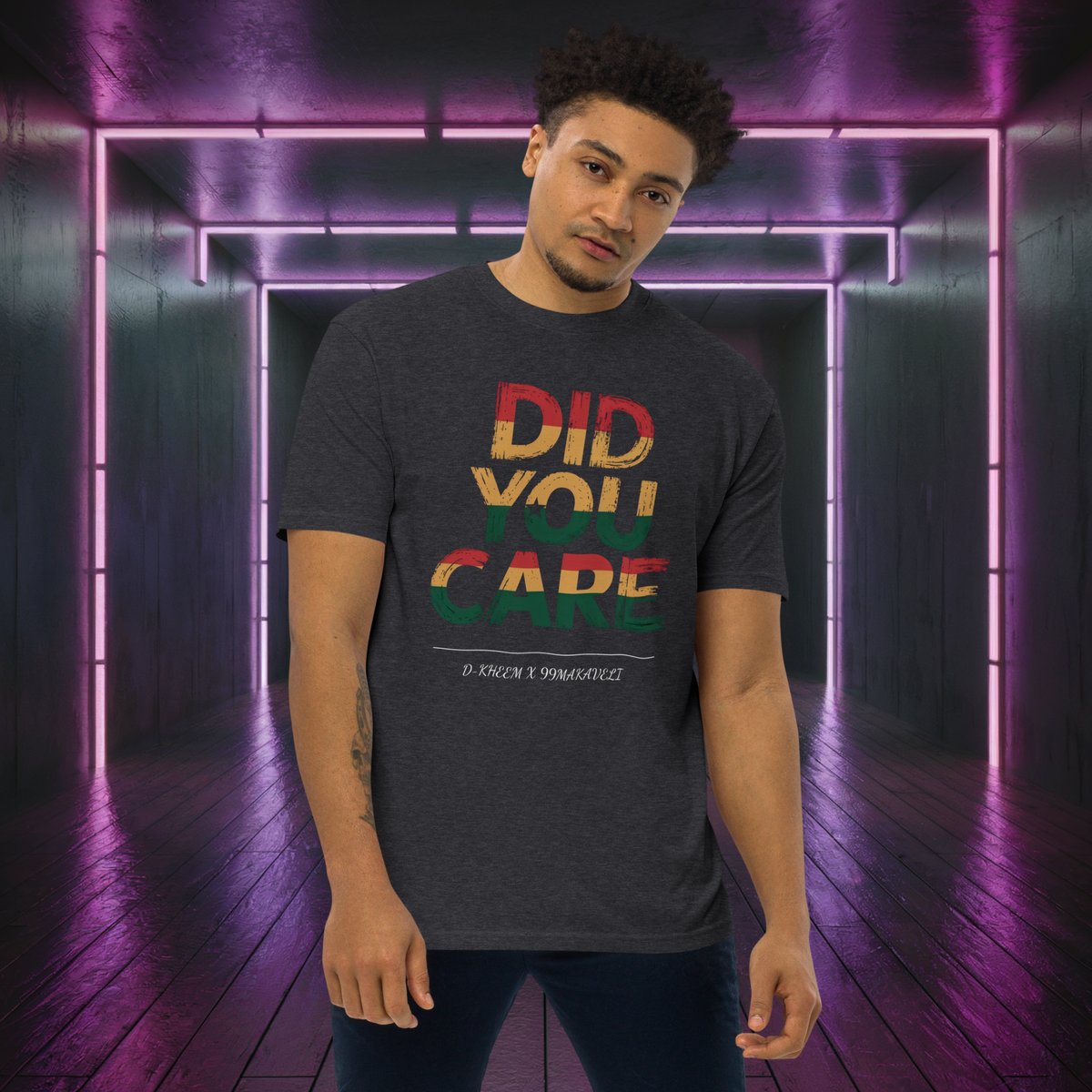 D-Kheem Heavyweight Tee Did You Care charcoal front product image.