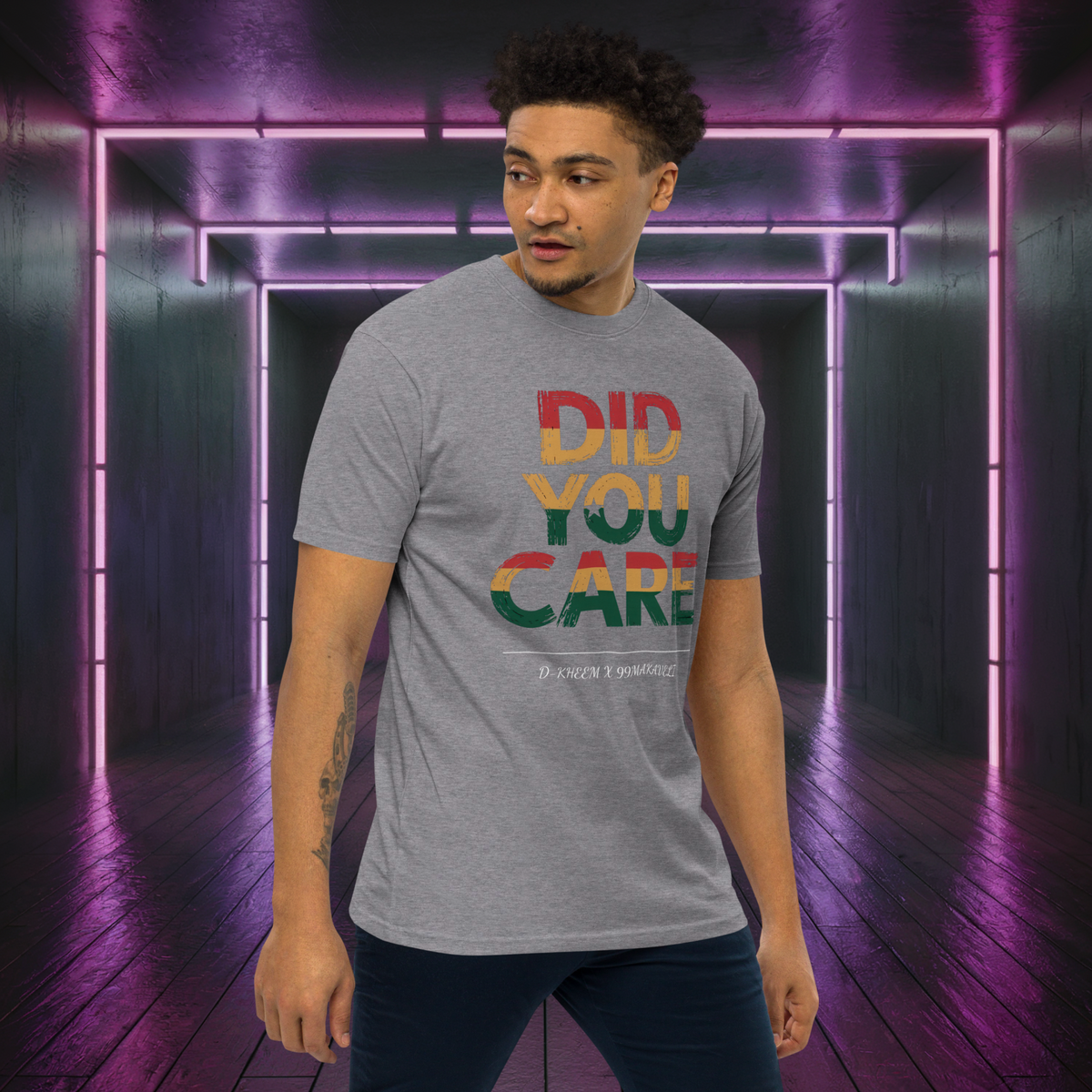 D-Kheem Heavyweight-T-Shirt „Did You Care“ – Grau Lifestyle, Vorderseite