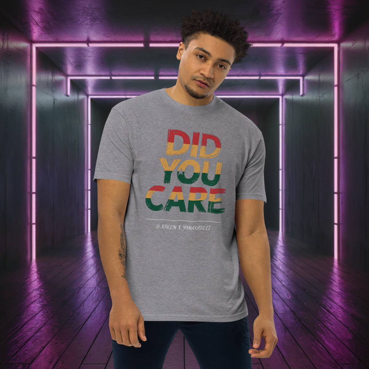 D-Kheem Heavyweight Tee Did You Care grey lifestyle portrait front view.