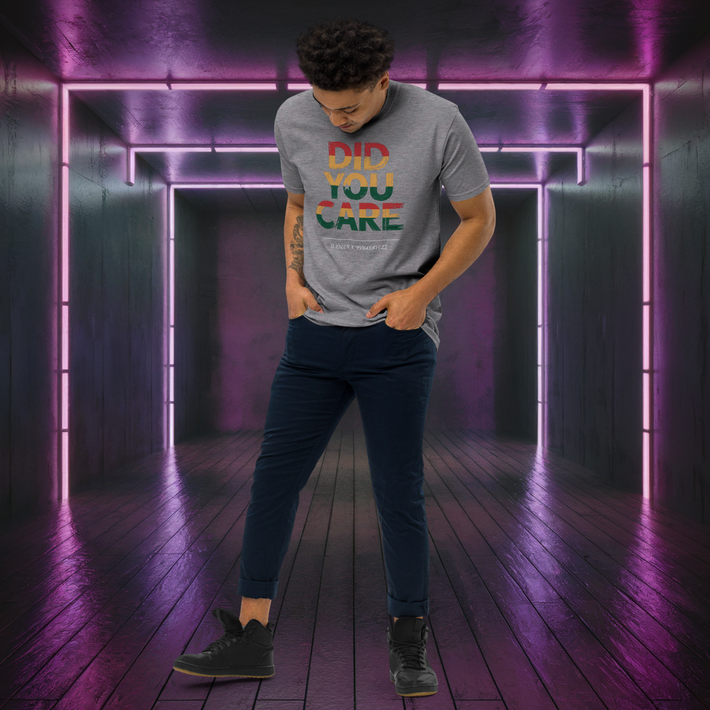 D-Kheem Heavyweight Tee Did You Care grey full-body front view.