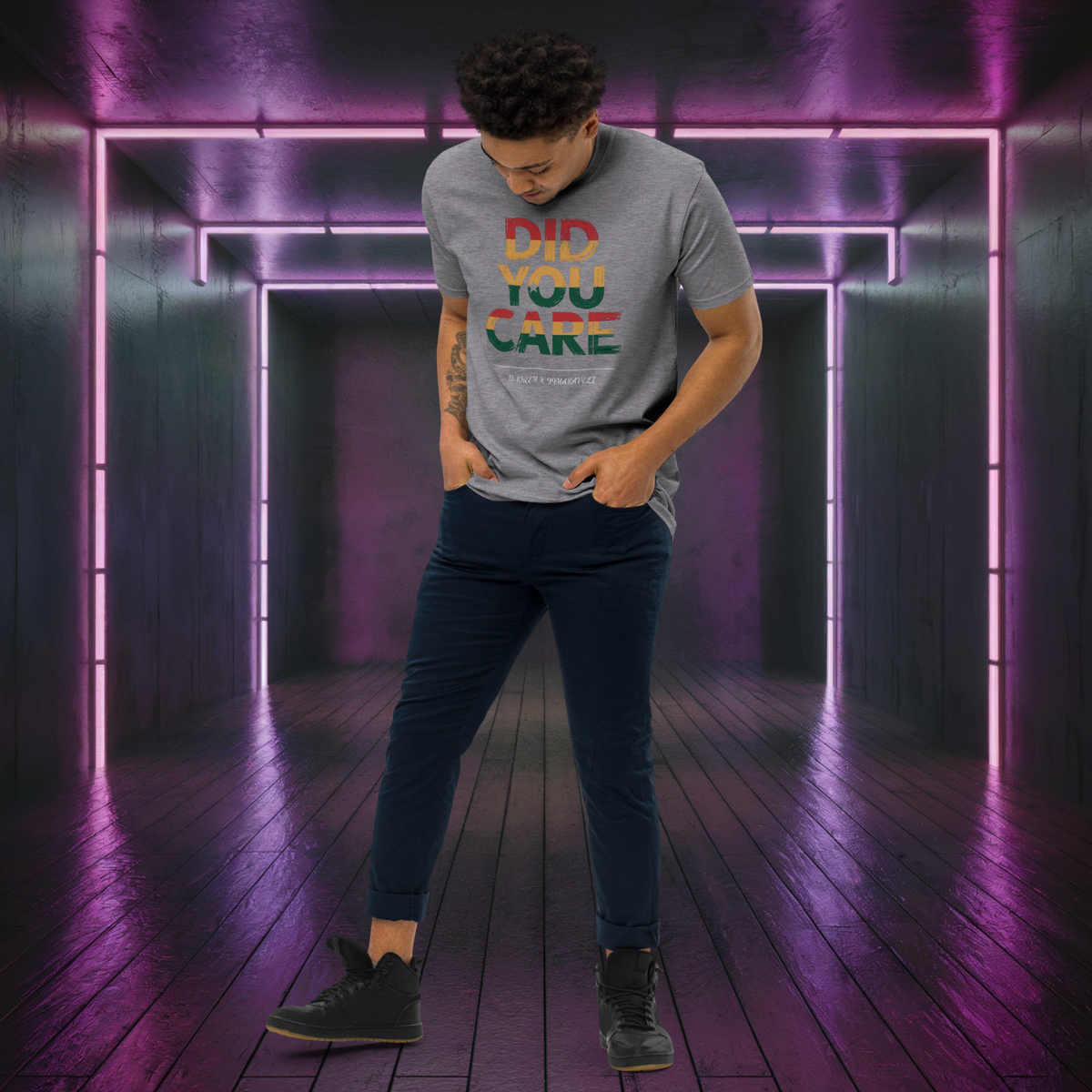 D-Kheem Heavyweight Tee Did You Care grey full-body front view.