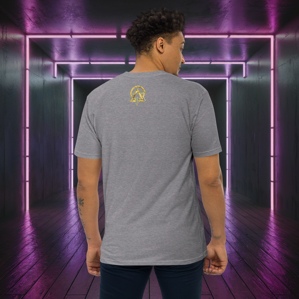 D-Kheem Heavyweight Tee Did You Care grey back print view.