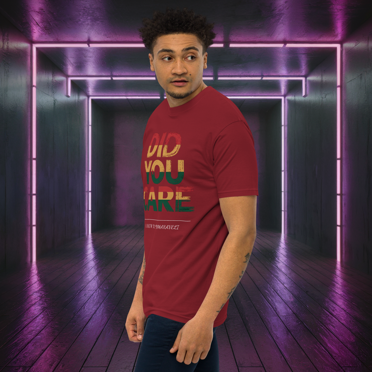 D-Kheem Heavyweight Tee Did You Care red lifestyle angled front view.