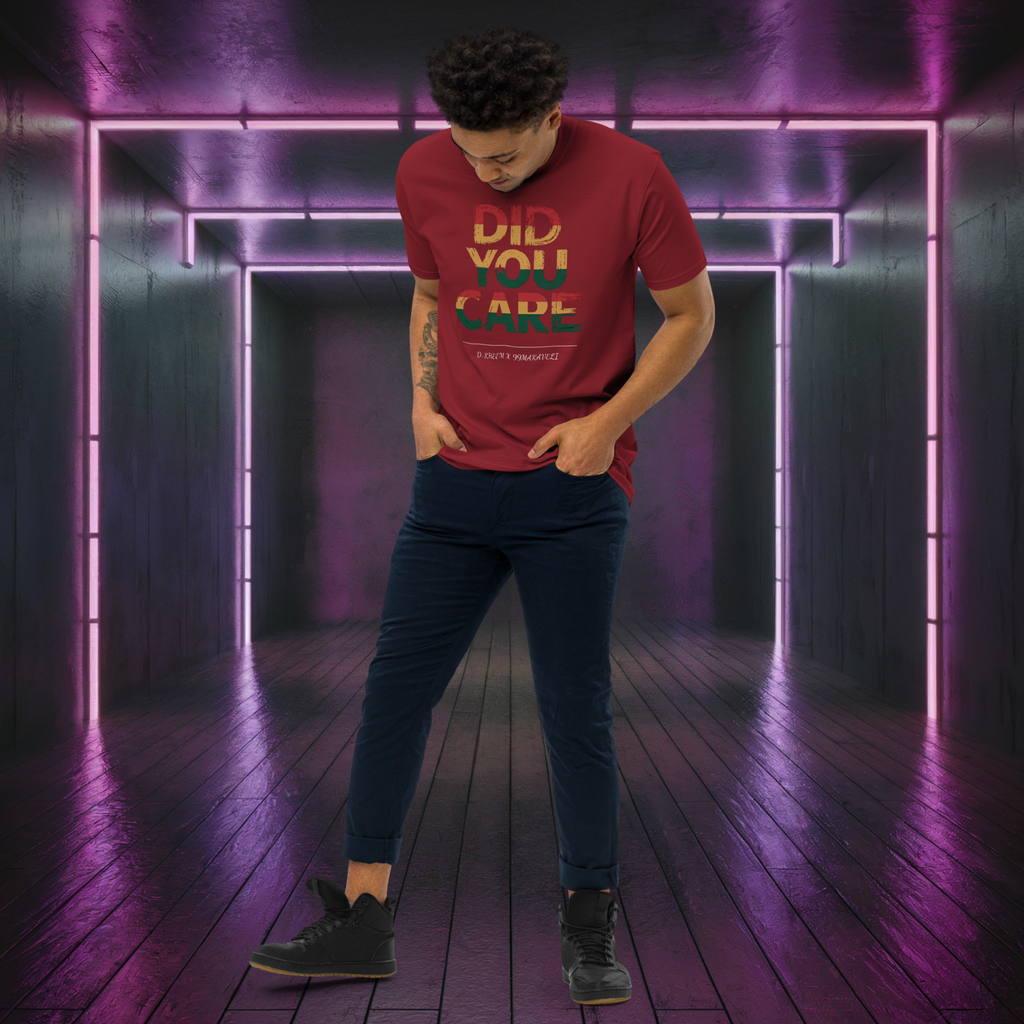 D-Kheem Heavyweight Tee Did You Care red full-body front view.