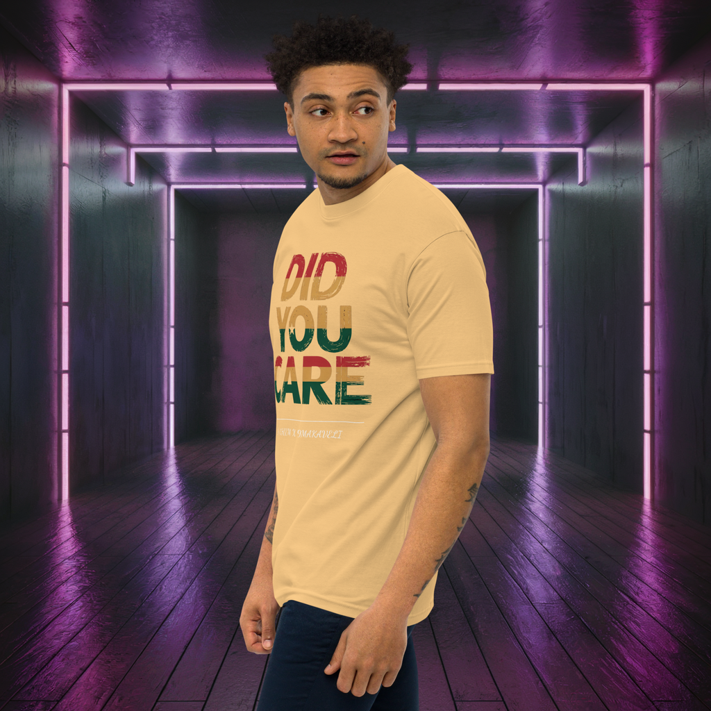 D-Kheem Heavyweight Tee Did You Care yellow lifestyle angled front view.