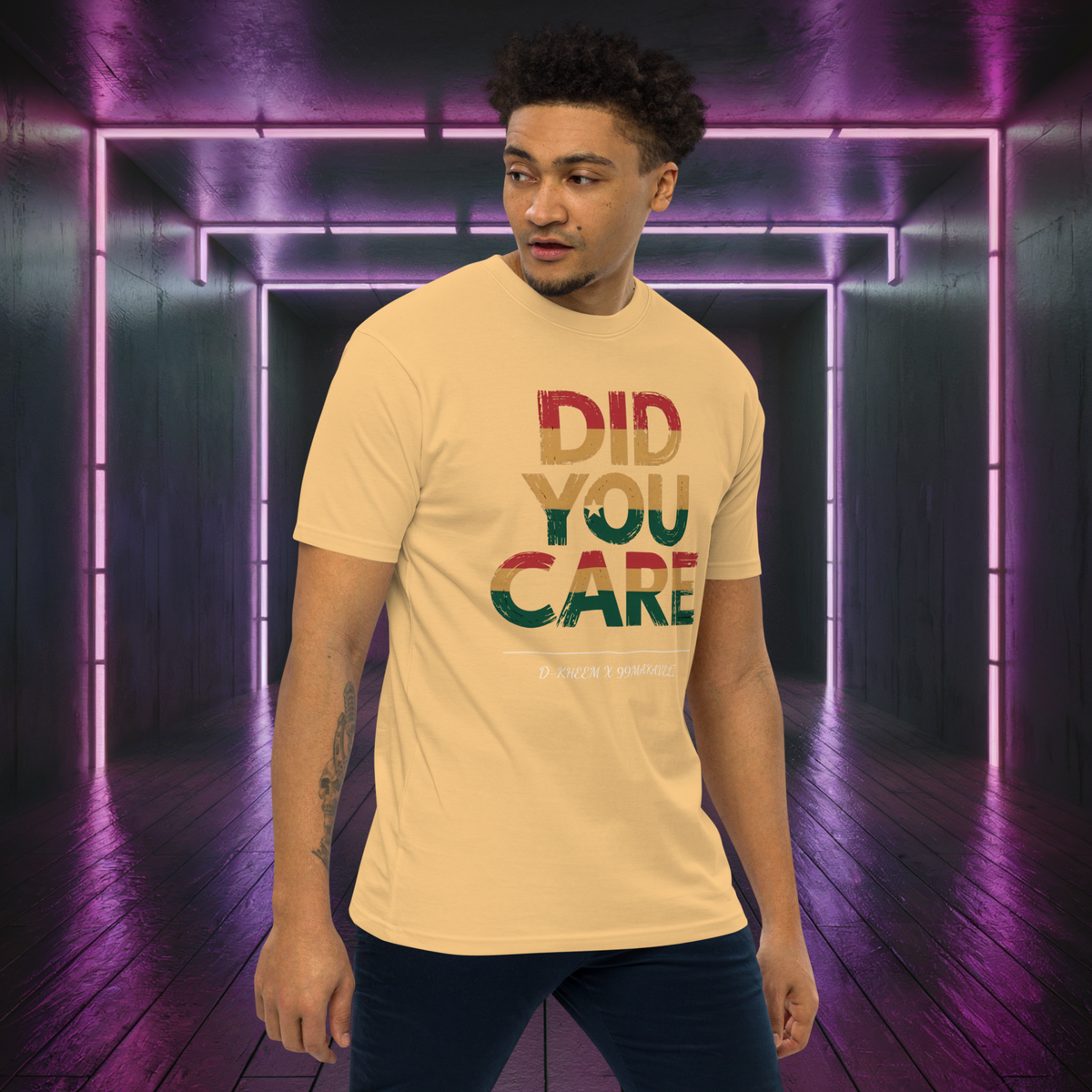 D-Kheem Heavyweight-T-Shirt „Did You Care“ – Gelb Lifestyle, Vorderseite