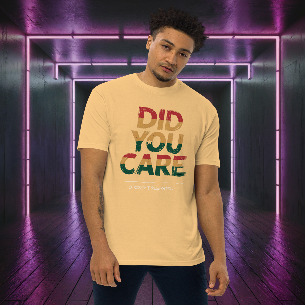 D-Kheem Heavyweight Tee Did You Care yellow lifestyle portrait front view.