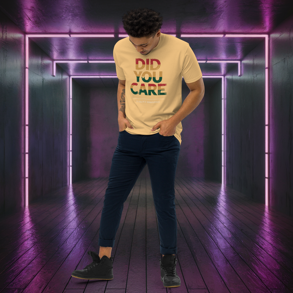 D-Kheem Heavyweight Tee Did You Care yellow full-body front view.