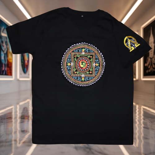 Mandala Om Symbol UV T-Shirt black front product image.