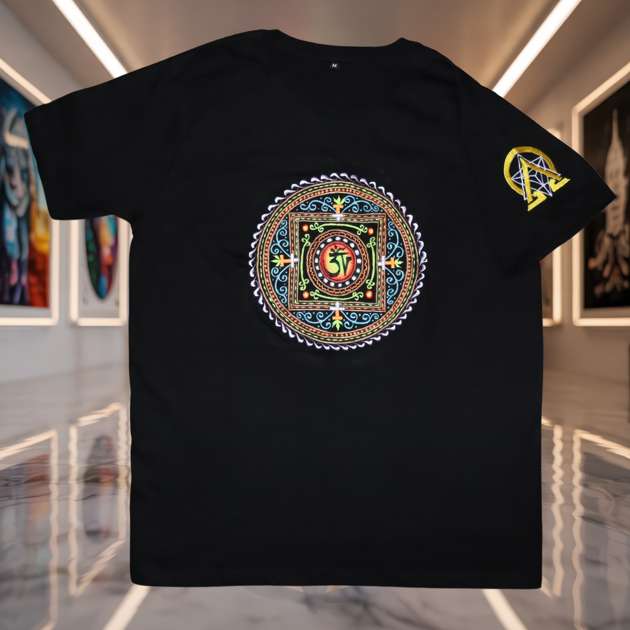 Mandala Om Symbol UV T-Shirt black front product image.