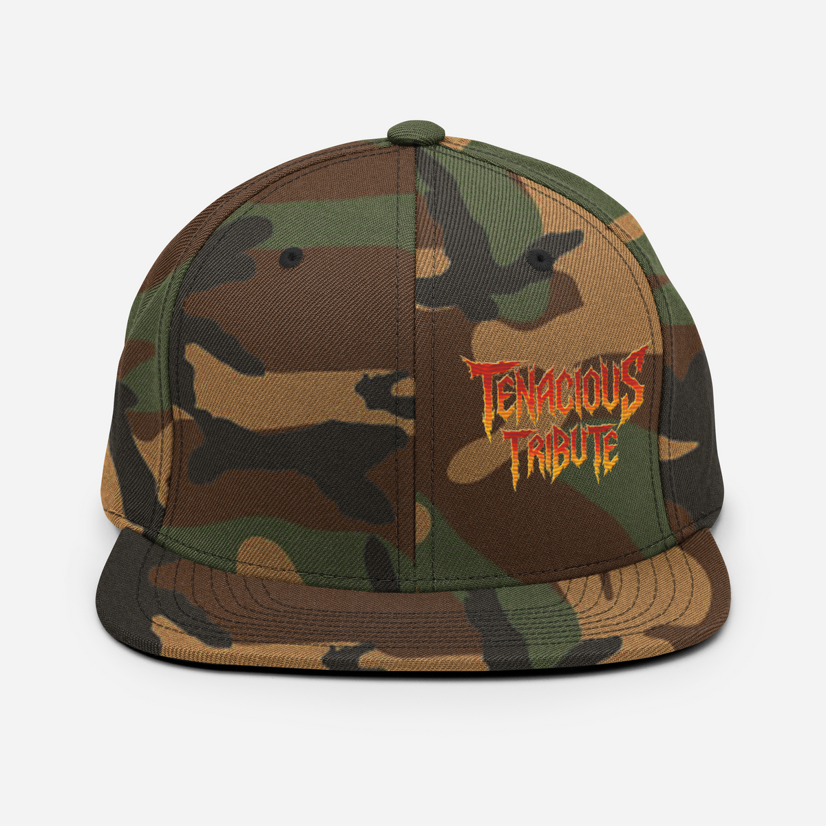 Tenacious Tribute Snapback Hat green-camo front view.