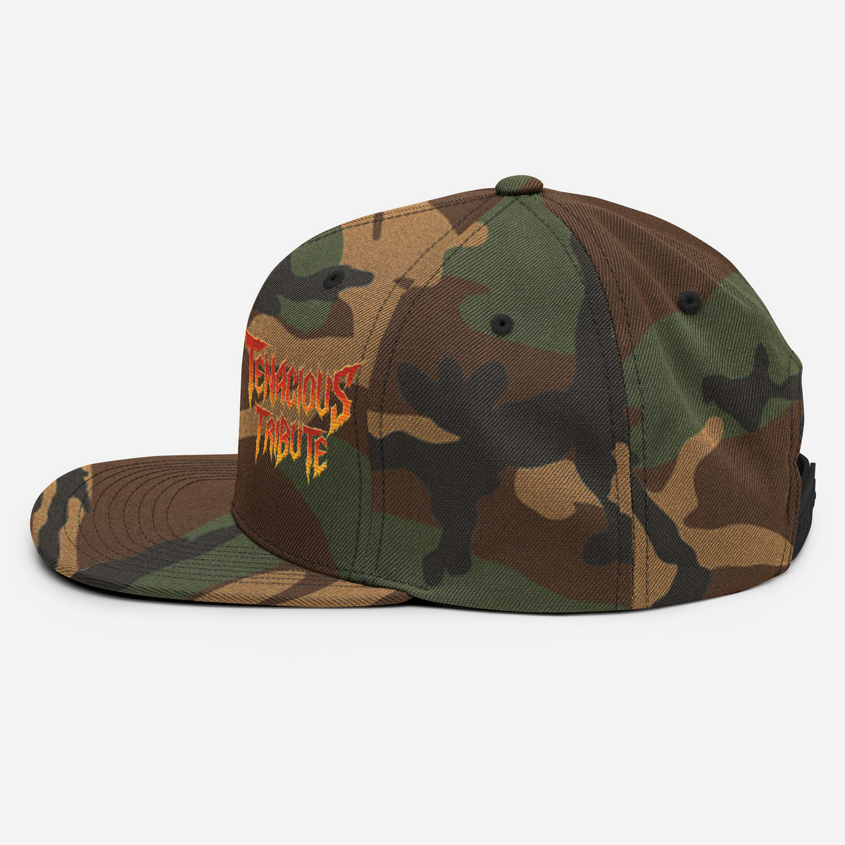 Tenacious Tribute Snapback Hat green-camo left side view.