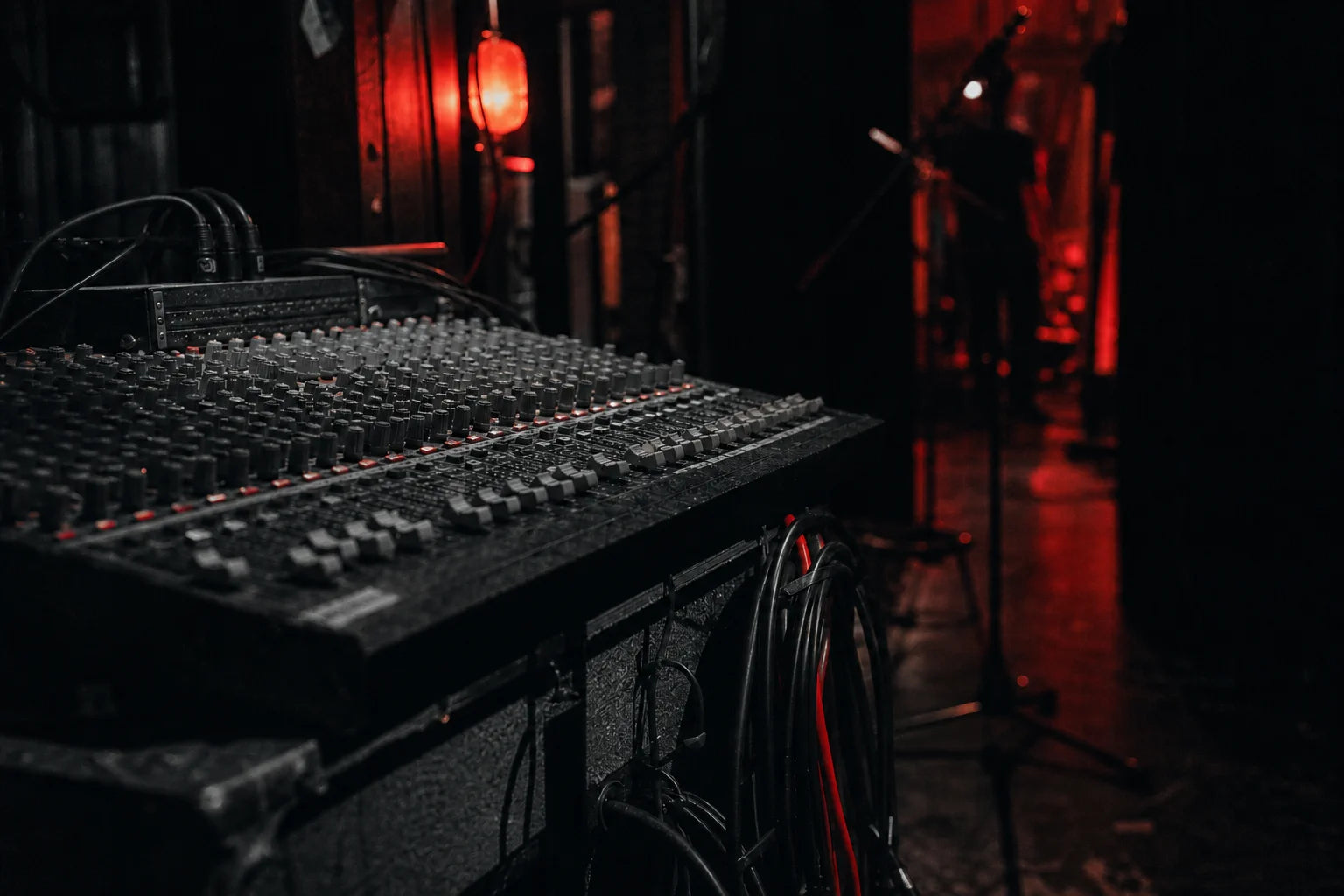 Mixing console and audio cables in an independent music venue