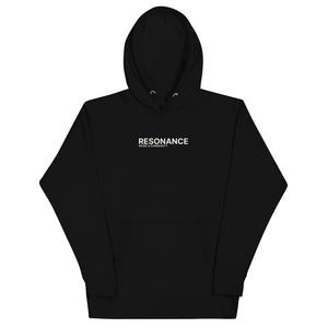 RESONANCE MUSIC & COMMUNITY Logo Hoodie in Schwarz, flache Vorderansicht (Mockup)
