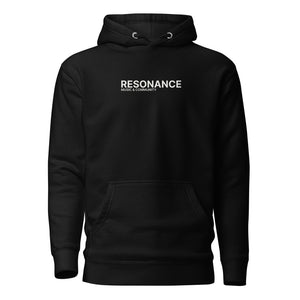 RESONANCE MUSIC & COMMUNITY Logo Hoodie in Schwarz, Frontansicht (Mockup)