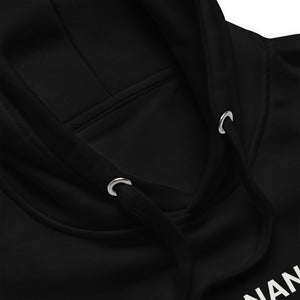RESONANCE MUSIC & COMMUNITY Logo Hoodie in Schwarz, Detailansicht von Kapuze und Kordeln (Printful-Mockup)