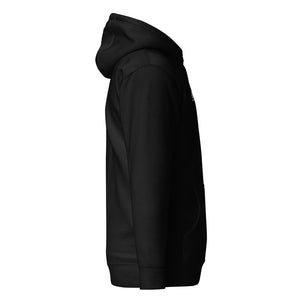 RESONANCE MUSIC & COMMUNITY Logo Hoodie in Schwarz, rechte Seitenansicht (Printful-Mockup)