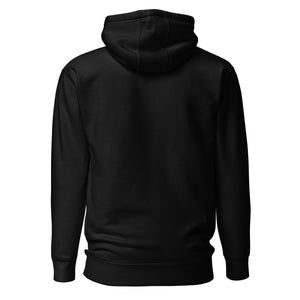 RESONANCE MUSIC & COMMUNITY Logo Hoodie in Schwarz, flache Rückenansicht (Printful-Mockup)